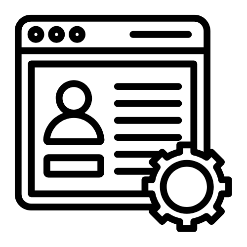 A computer screen displaying a user profile with text lines and an avatar icon, accompanied by a gear icon indicating settings or customization.