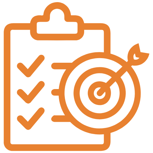 An orange icon of a clipboard with a checklist and a bullseye with an arrow hitting the center.