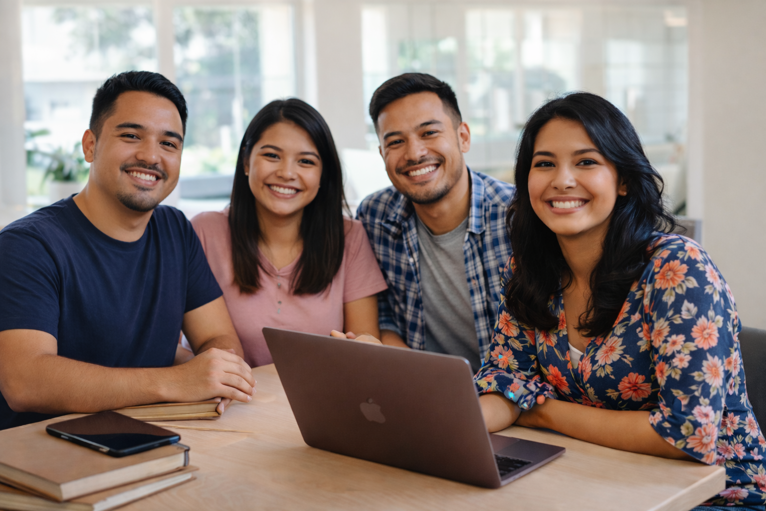 Four people sitting around a table smiling at the camera, with a laptop, books, and a tablet on the table.