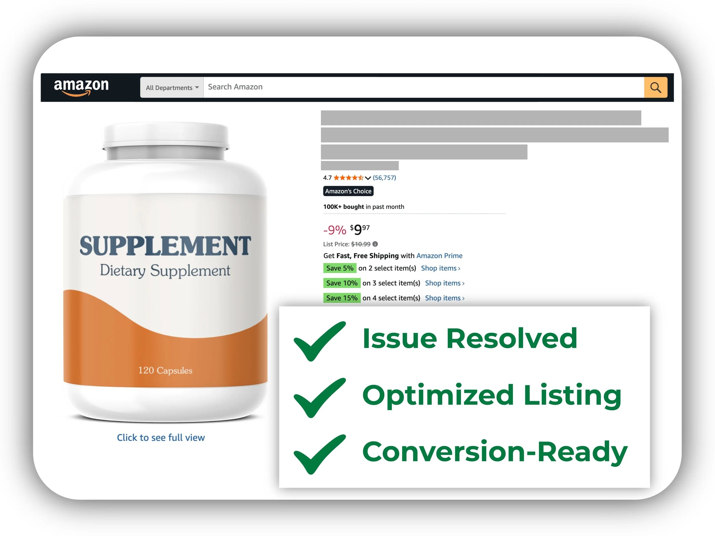 Amazon product listing example showing optimized title, pricing, reviews, and conversion-ready layout