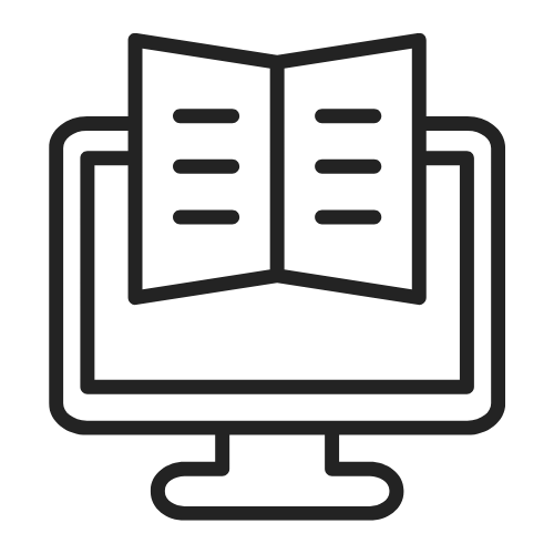 Line drawing of an open book on a computer monitor.