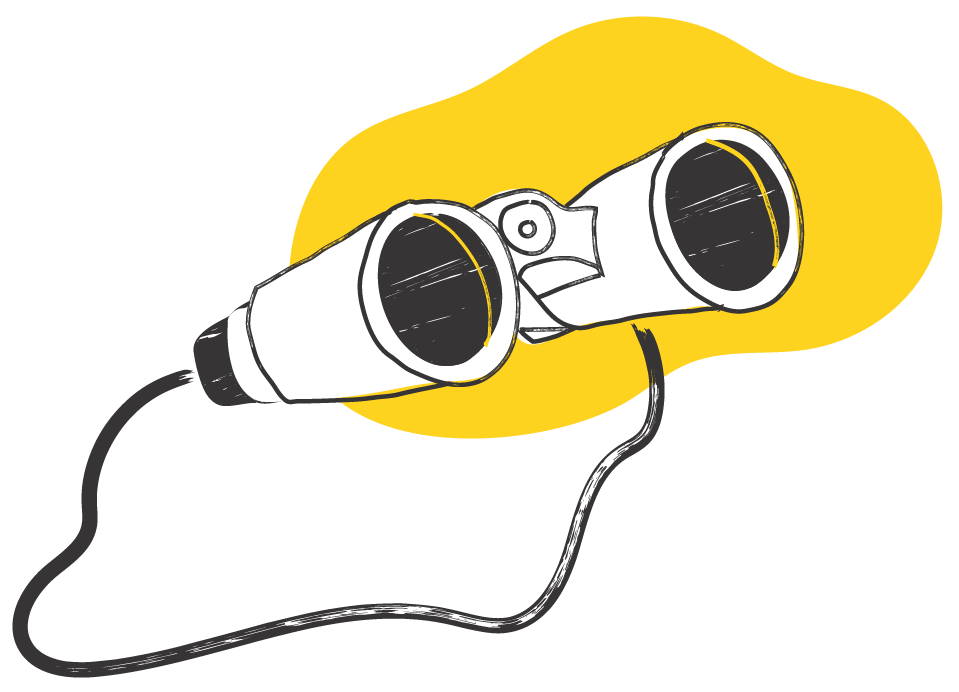 A digital illustration of binoculars on a yellow background.