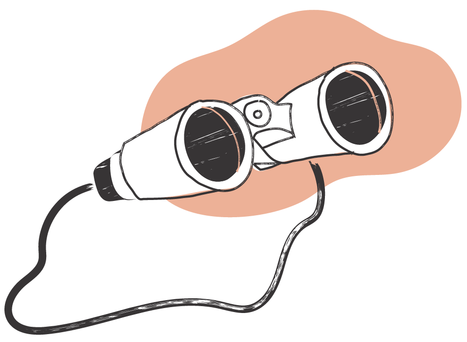 A pair of binoculars resting on a person's eye socket.