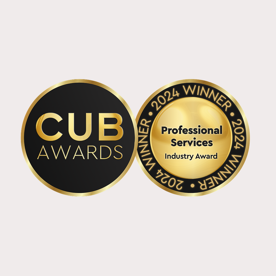 Gold and black award badges from the 2024 CUB Awards, recognizing industry achievement in professional services.
