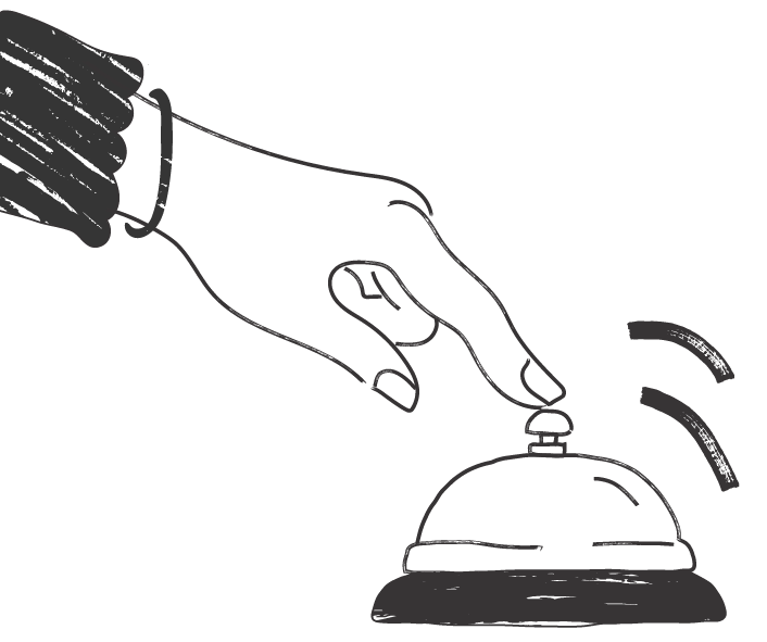 An illustration of a hand pressing a button on a service bell, with motion lines indicating the action.