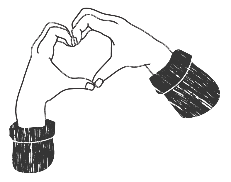 Line drawing of two hands forming a heart shape, with cuffs on the wrists.
