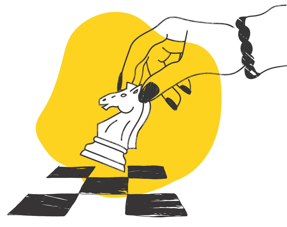 Illustration of a hand moving a knight chess piece on a chessboard, with a yellow background.