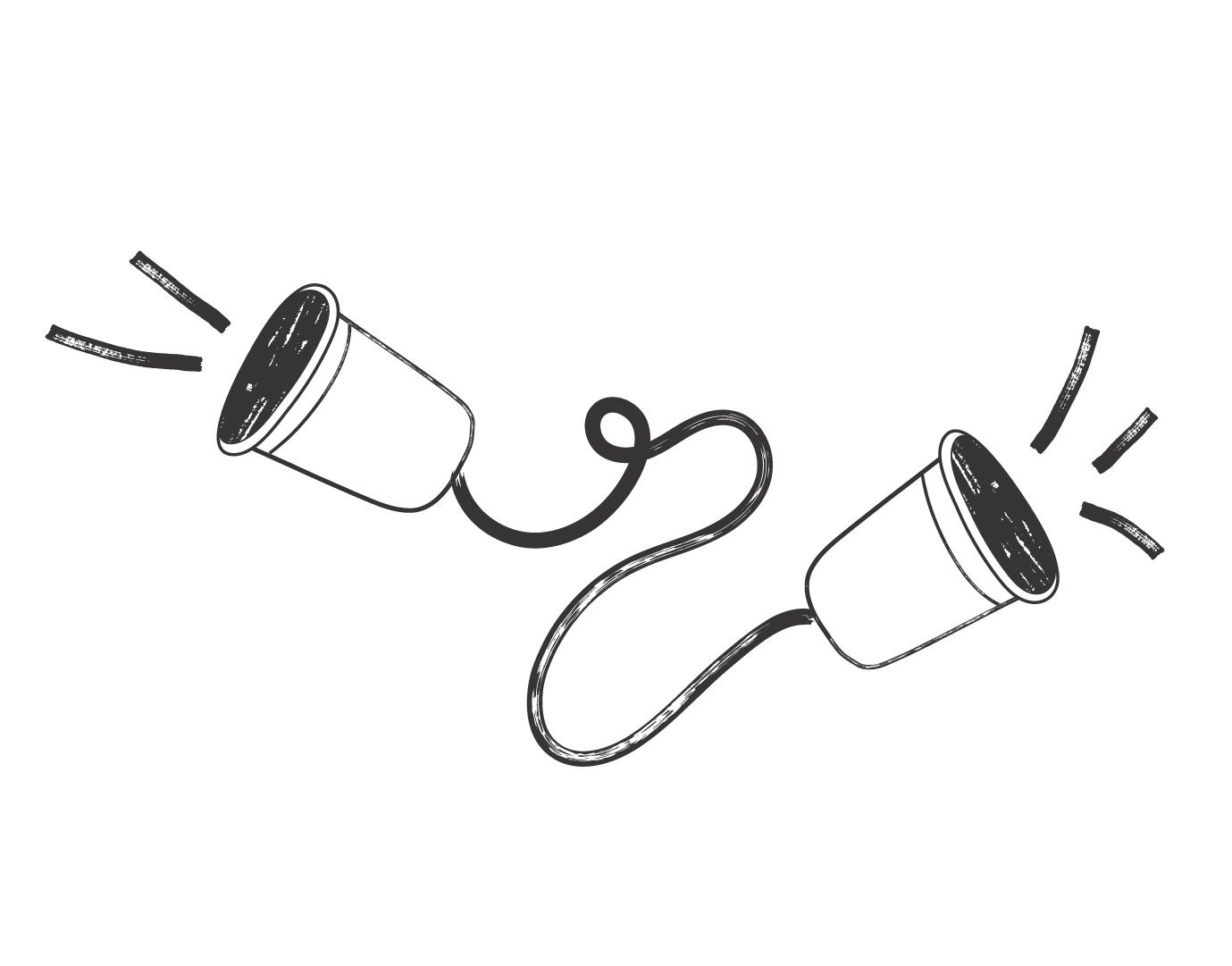 Line drawing of two coffee cups connected by a string, with sound lines indicating they are ringing like phones.
