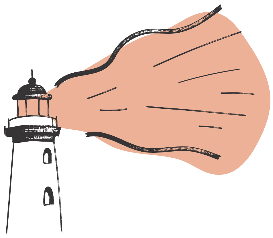 Illustration of a lighthouse shining its light that resembles a large flame.