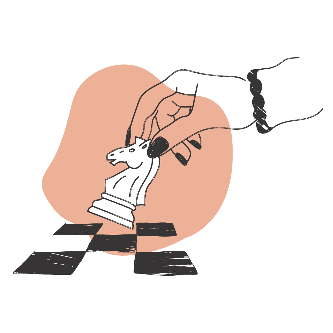 Illustration of a hand with black painted nails adjusting a small white chess knight against a peach-colored background, with black and peach abstract shapes.