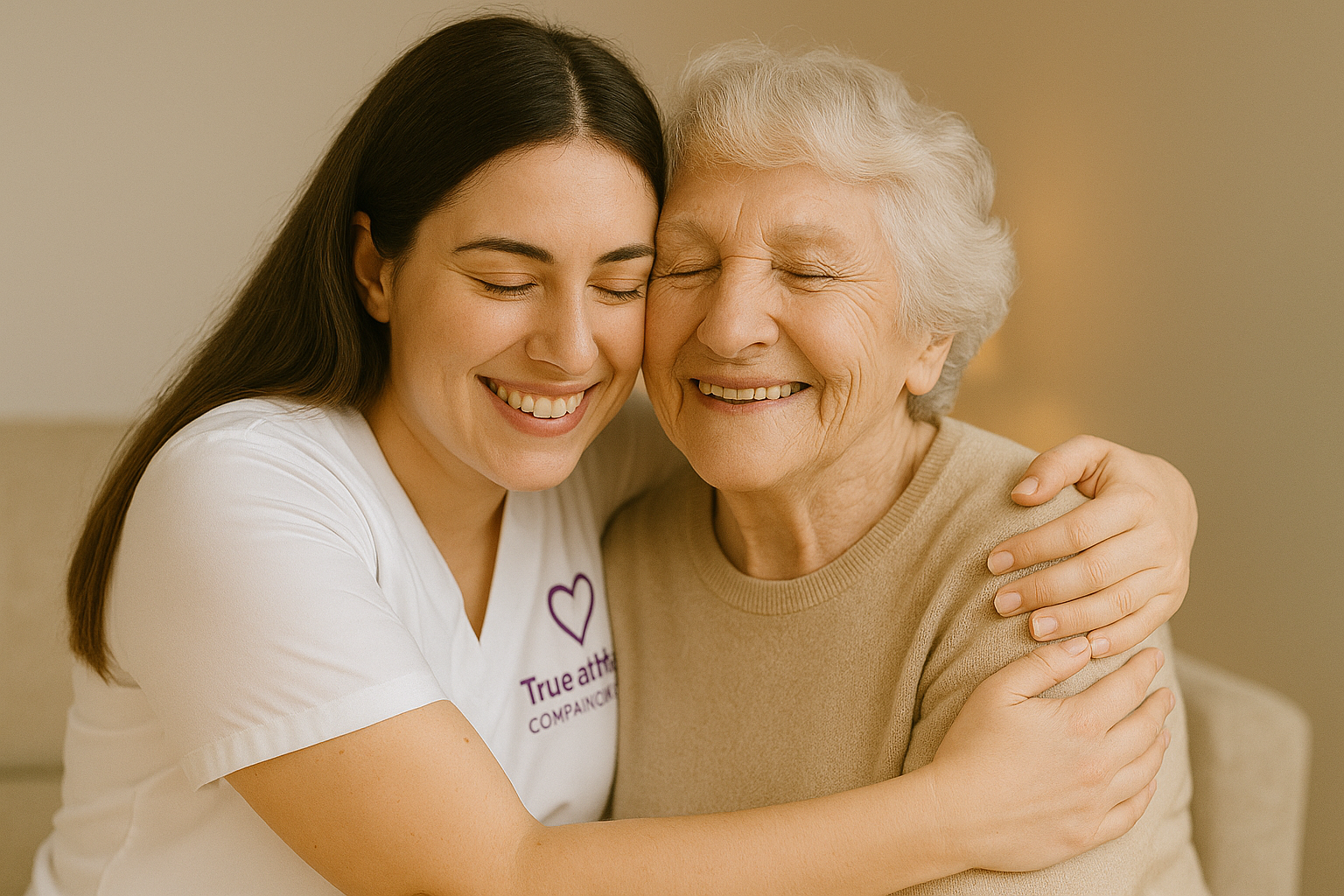 A young woman in healthcare scrubs hugging an elderly woman, both smiling with eyes closed.