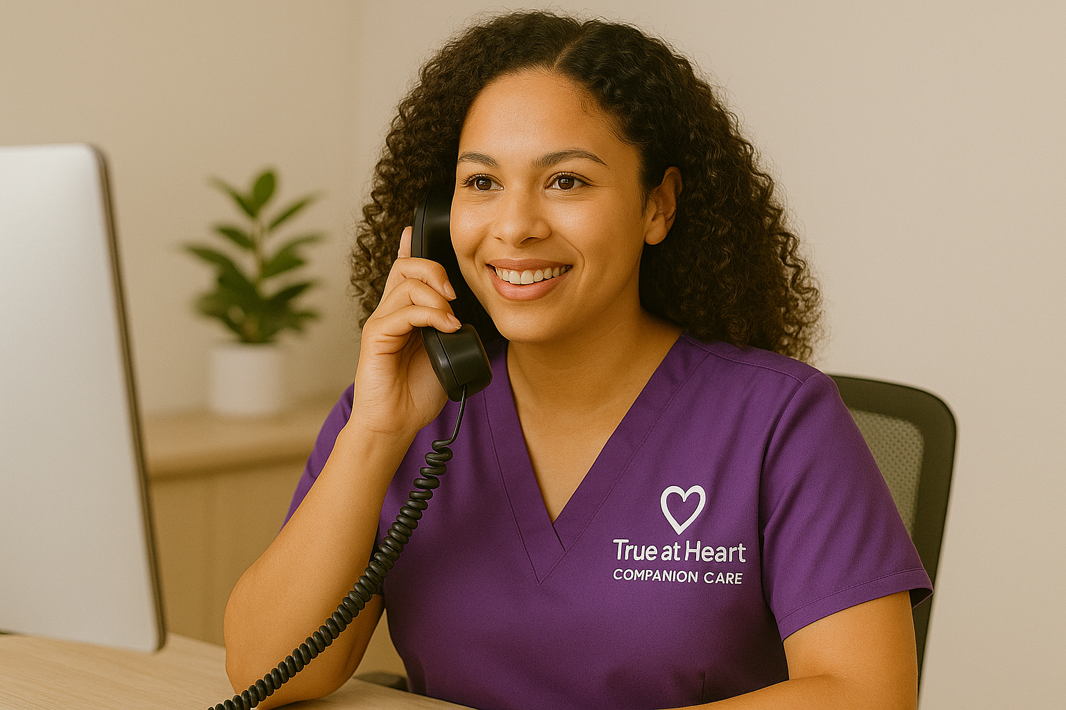 A smiling woman wearing purple scrubs with the logo "True at Heart Companion Care," sitting at a desk and talking on a landline phone.