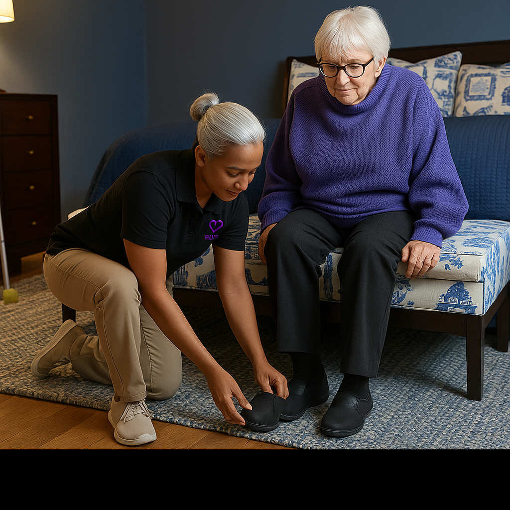 A caregiver assisting an elderly woman with her shoes in a bedroom.