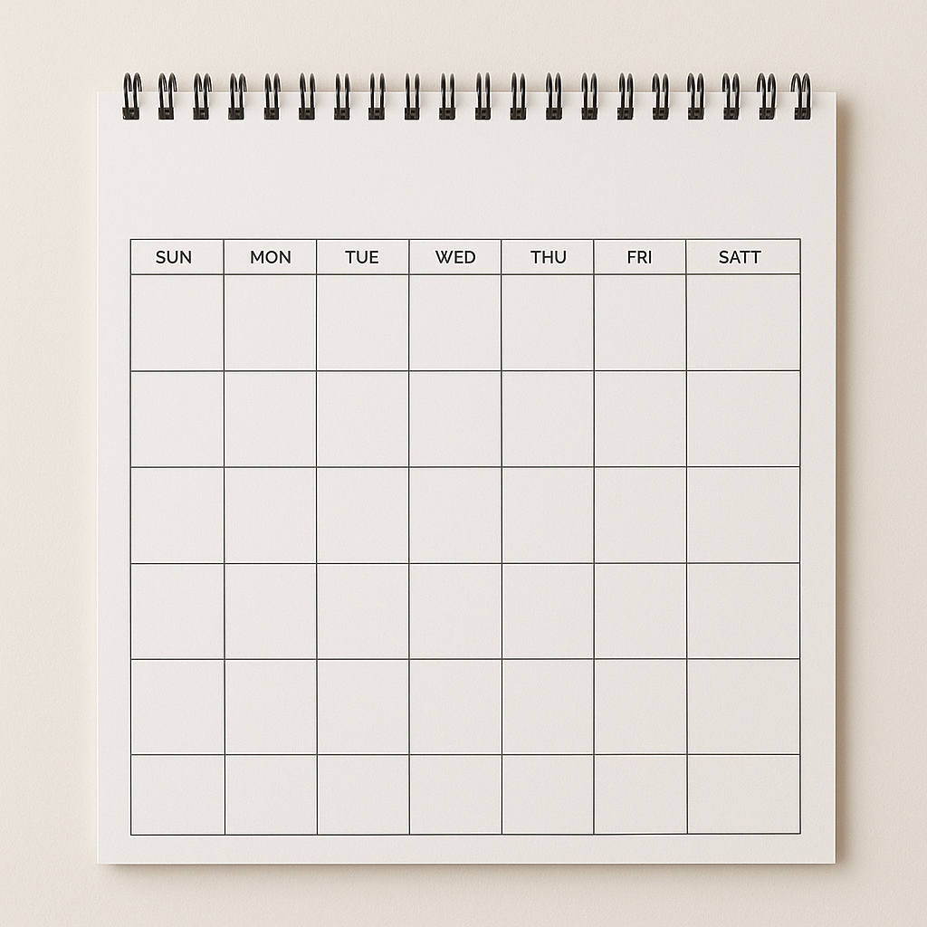 A blank wall calendar with a spiral binding at the top, displaying a grid layout for days of the week and dates.