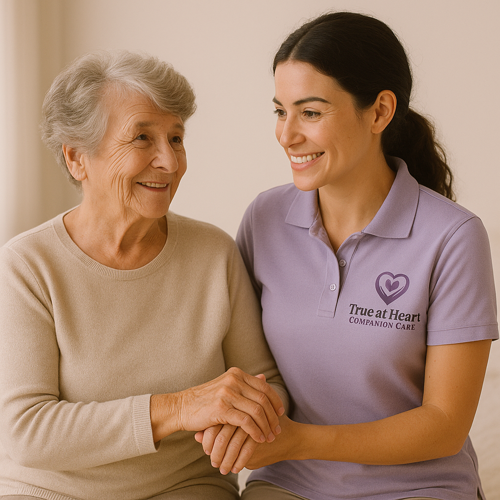 An elderly woman and a younger woman in a caregiver uniform holding hands and smiling at each other.