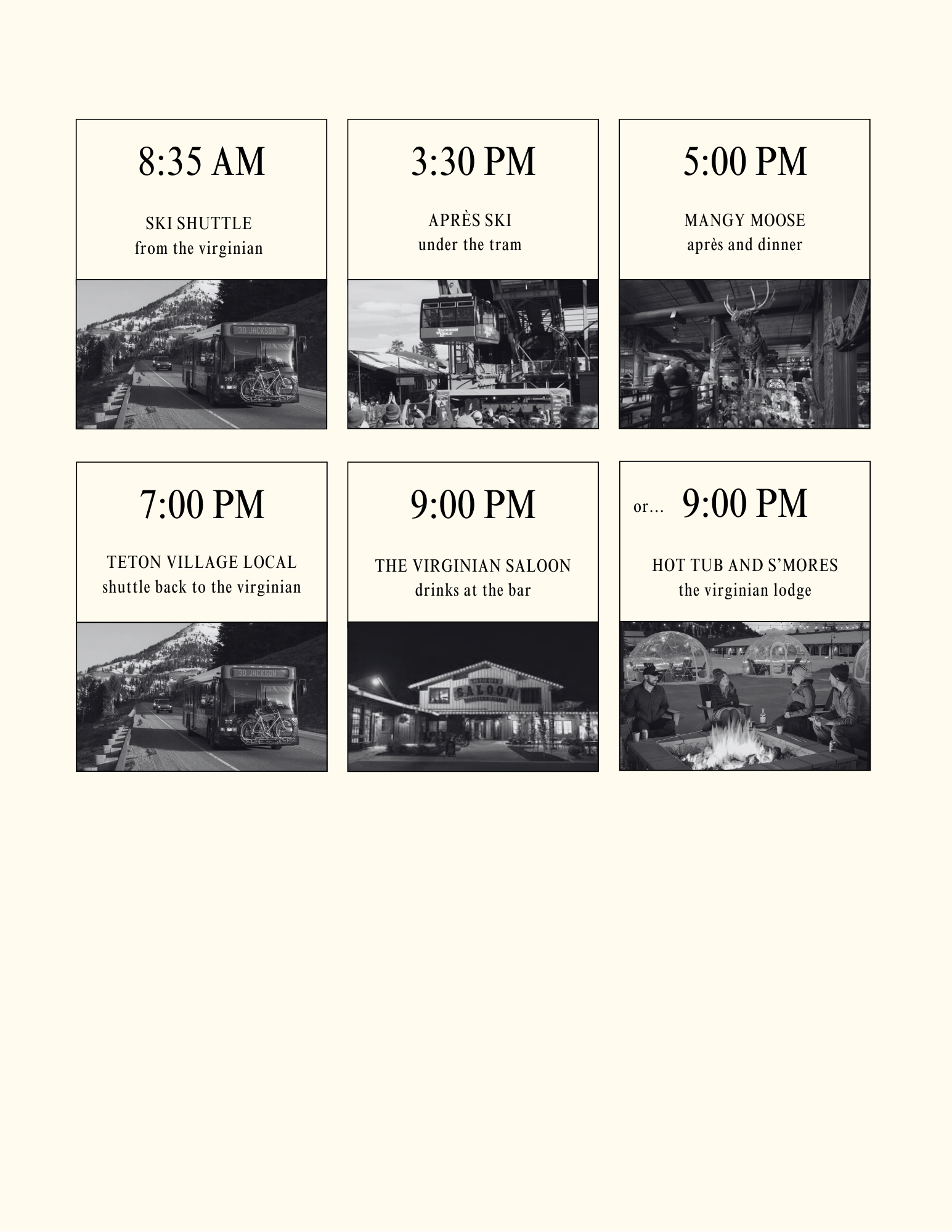 Schedule of evening activities with times and descriptions, including images of buses, a tram, a lodge, and a bar.