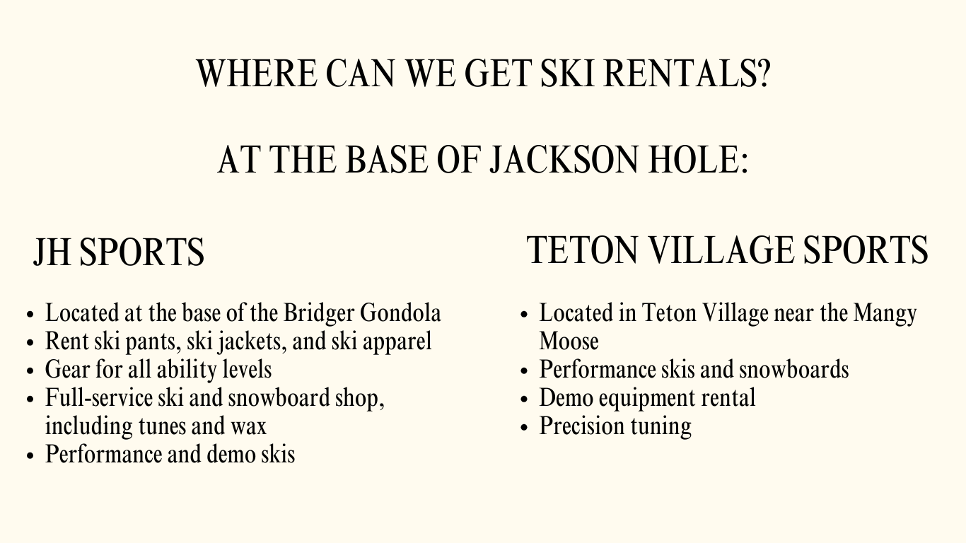 Information board with tips on ski rentals at Jackson Hole, including options at JH Sports and Teton Village Sports.