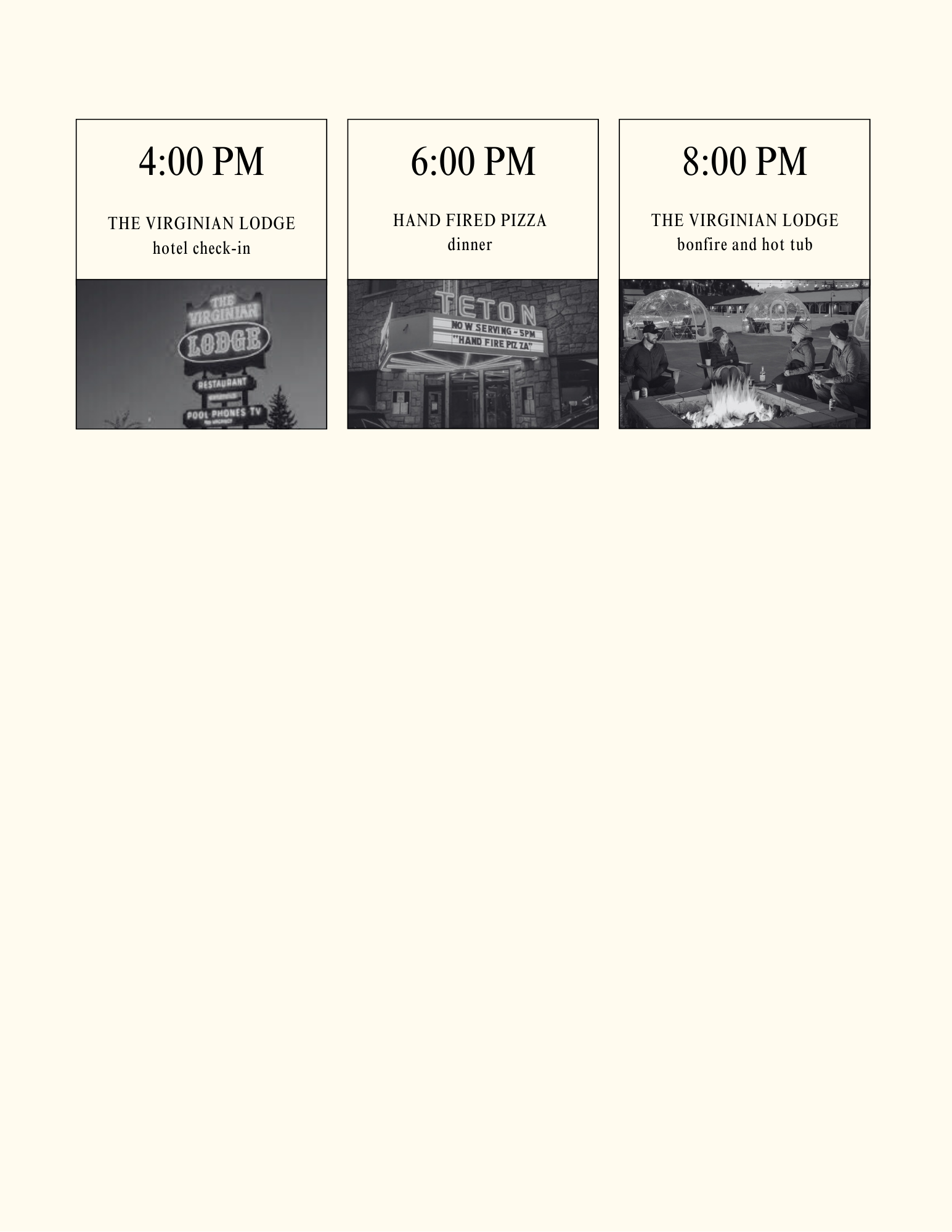 Schedule of events at The Virginian Lodge showing check-in at 4 PM, dinner at 6 PM featuring hand-fired pizza, and a bonfire with hot tub at 8 PM.