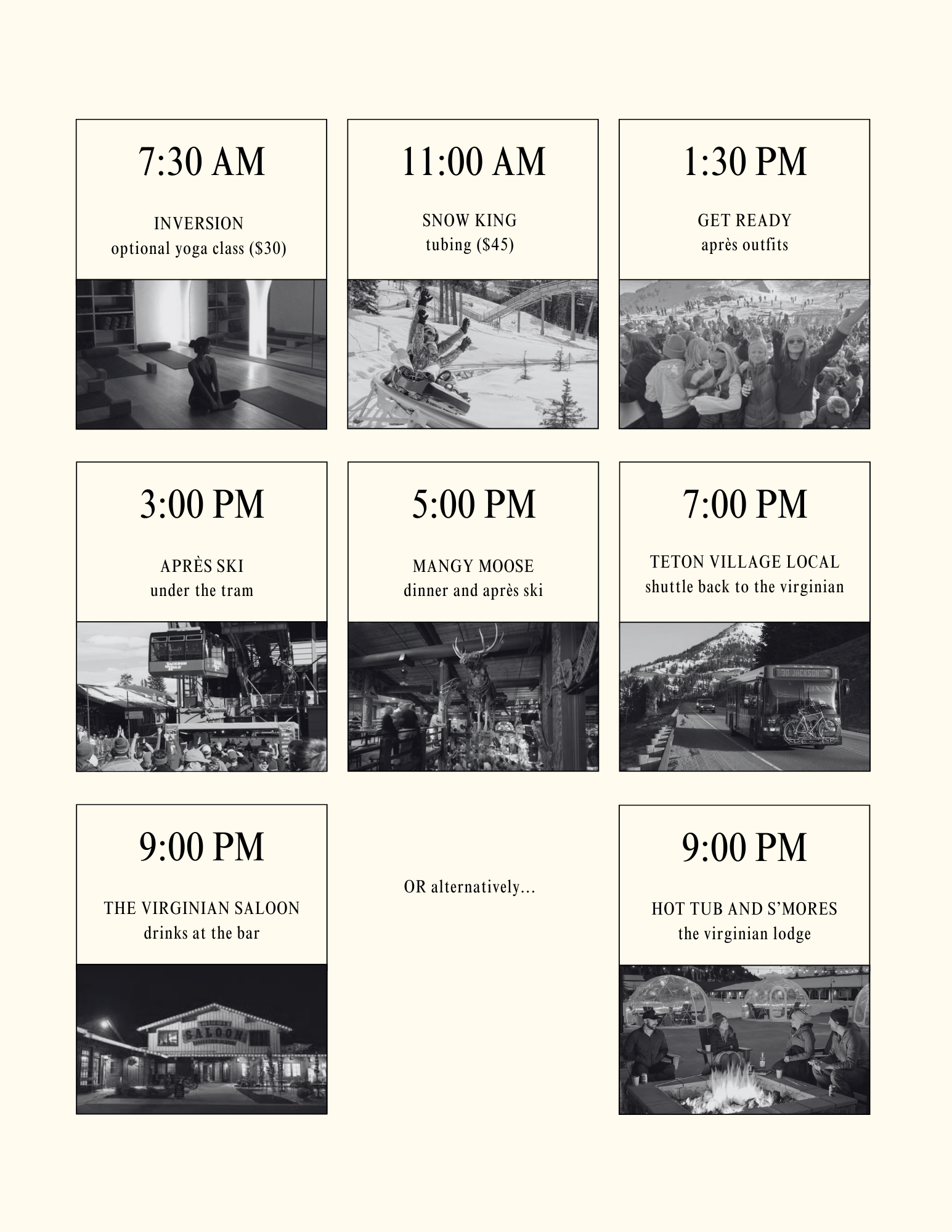 Weekly activity schedule with times, events, descriptions, and black-and-white photos of people, snow, scenic views, and indoor scenes.