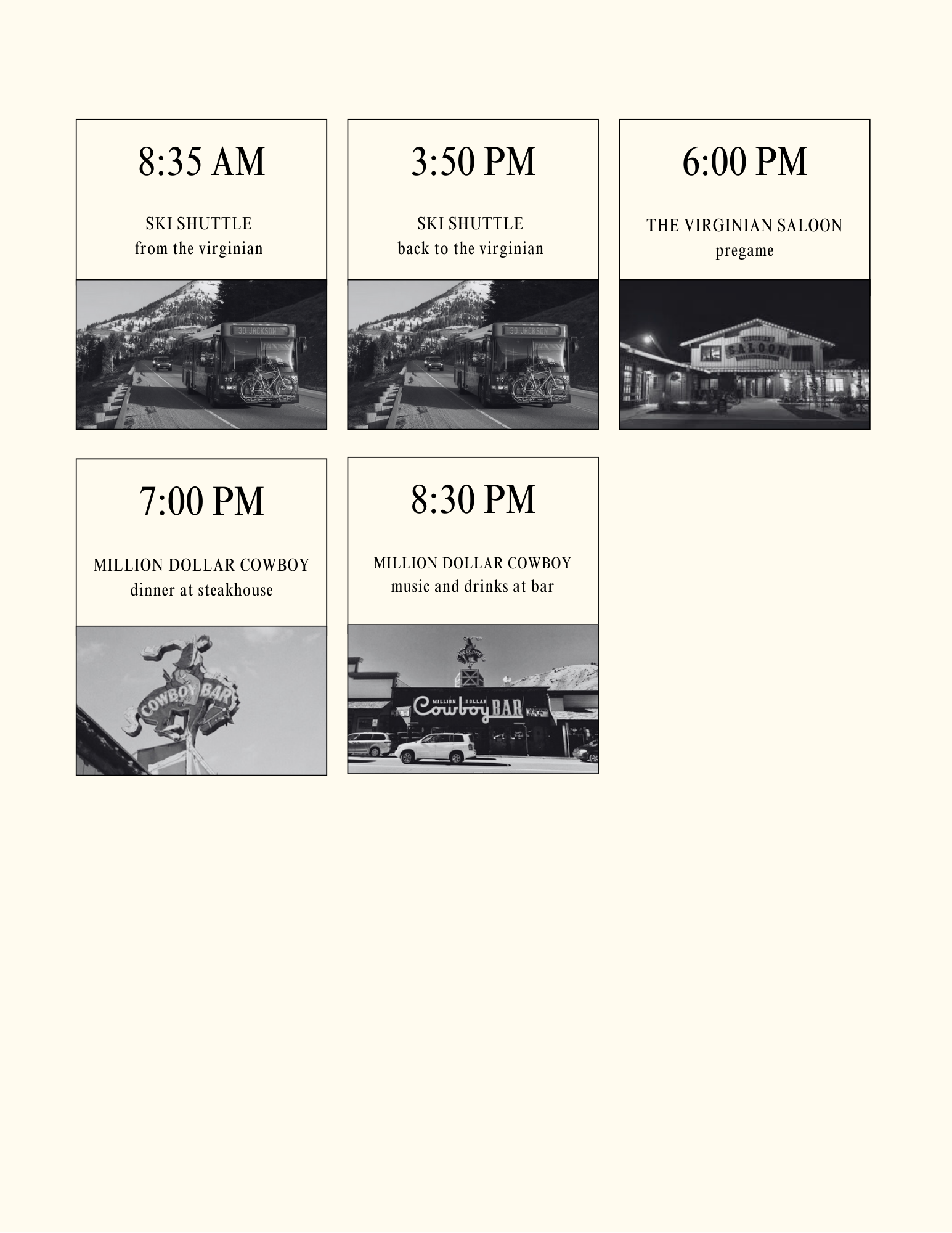 Schedule with times, locations, and descriptions for a trip, including shuttle rides and meals at a saloon and cowboy bar, with black and white photos of buses, a saloon, and bars.