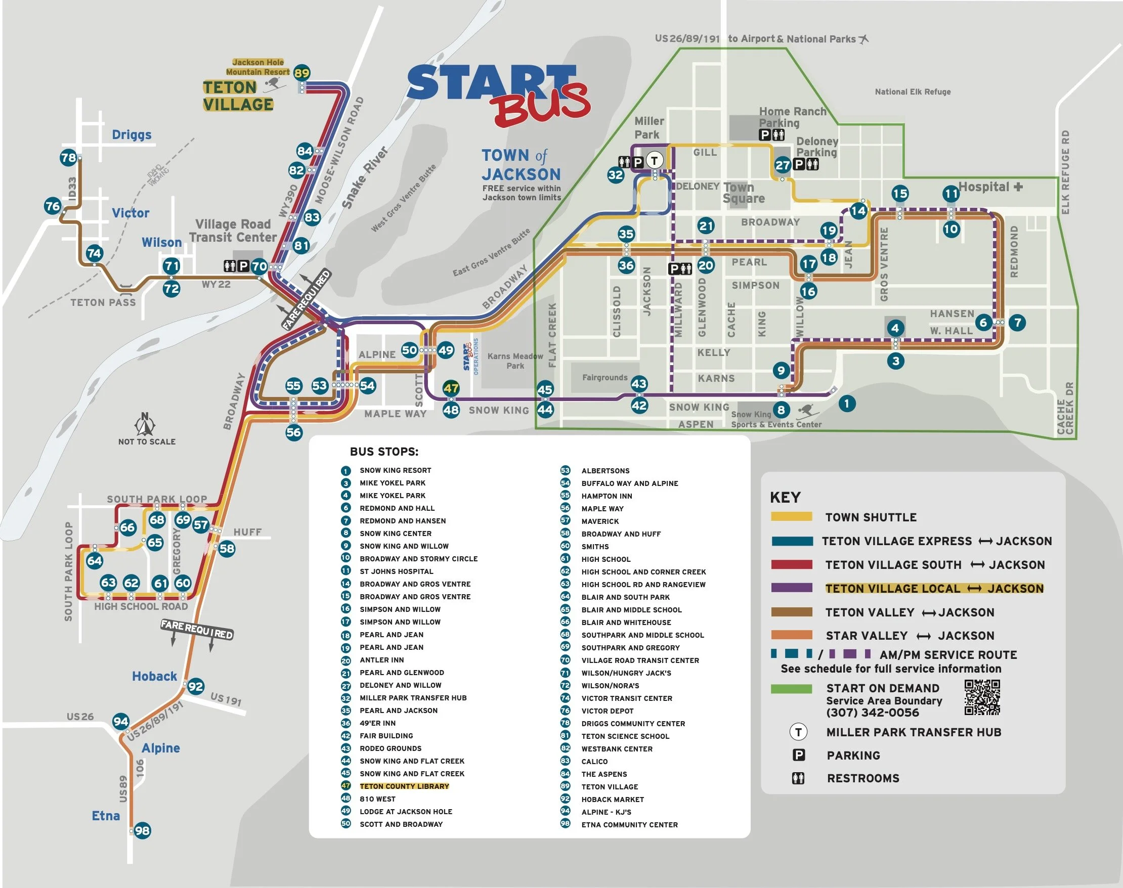 Map of Jackson with bus routes and stops, including Teton Village, Star Valley, and Stark County Library, showing bus routes, stops, parking, RESTROOMS, and service area boundaries.