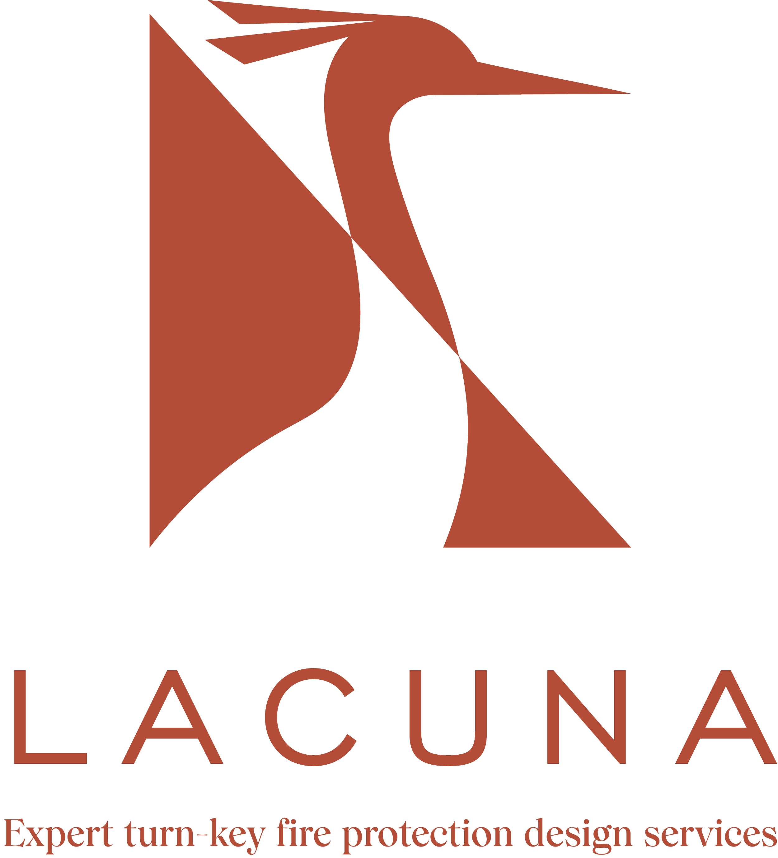 Lacuna logo featuring a stylized bird in black and rust colors, with the company name and tagline 'Expert turn-key fire protection design services'.