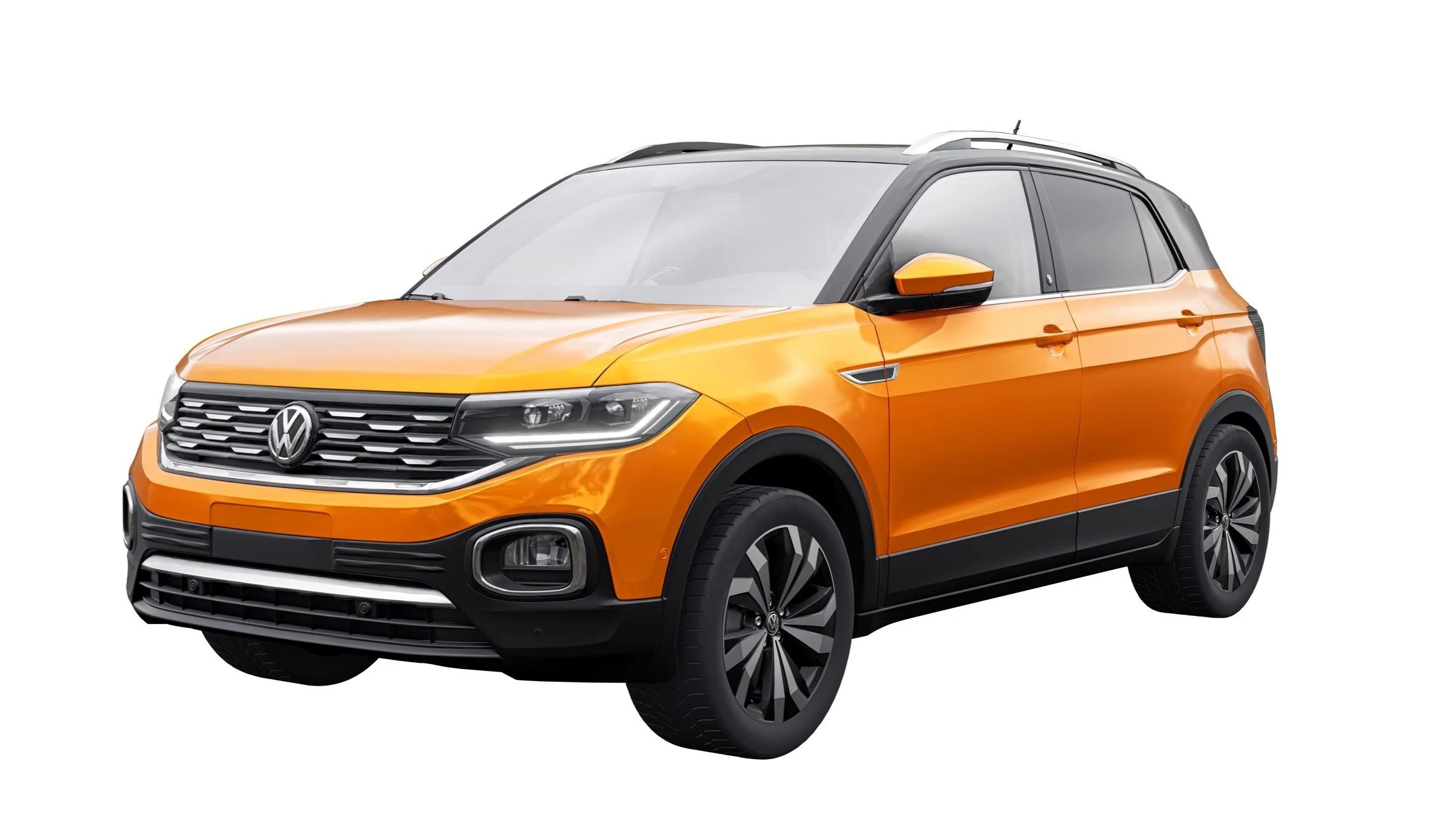 Orange Volkswagen SUV with black accents and sleek design, isolated on white background.