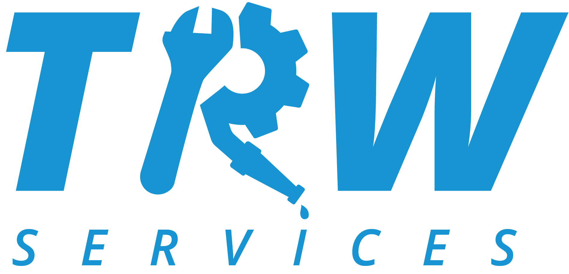 The TRW Services logo featuring a blue gear partially overlapped by a black soldering iron with a blue drop at the tip.
