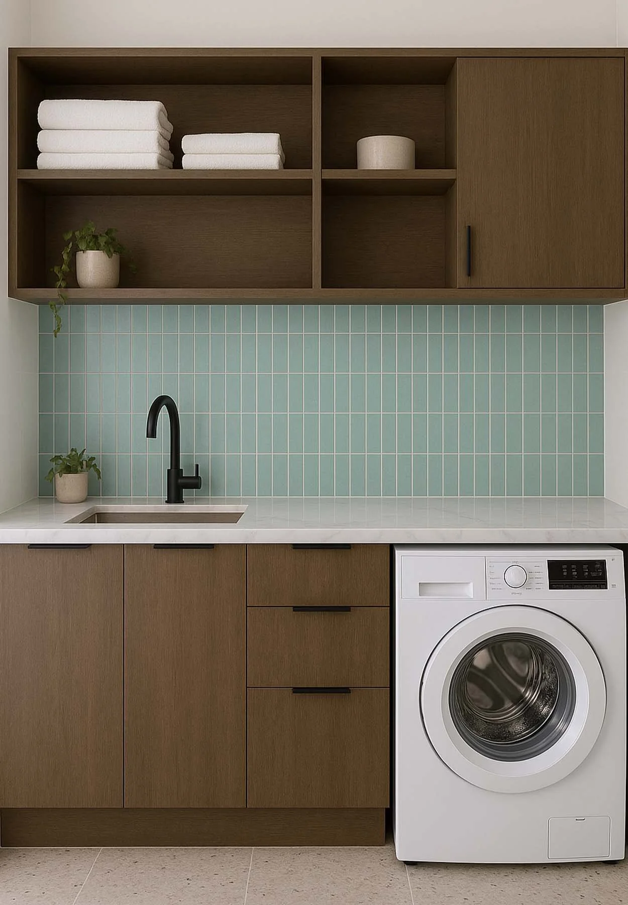 Modern laundry with timber cabinetry, aqua tiled splashback, integrated sink and front-loading washing machine in a clean, functional layout