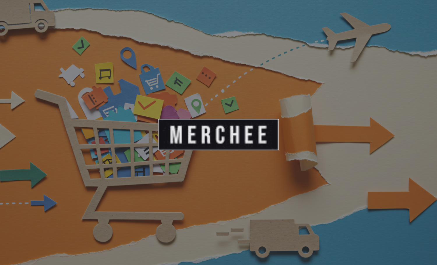 Illustration of shopping and travel elements on torn paper with the word 'MERCHÉE' in the center. Includes shopping cart, airplane, delivery truck, and various icons of products and destinations.