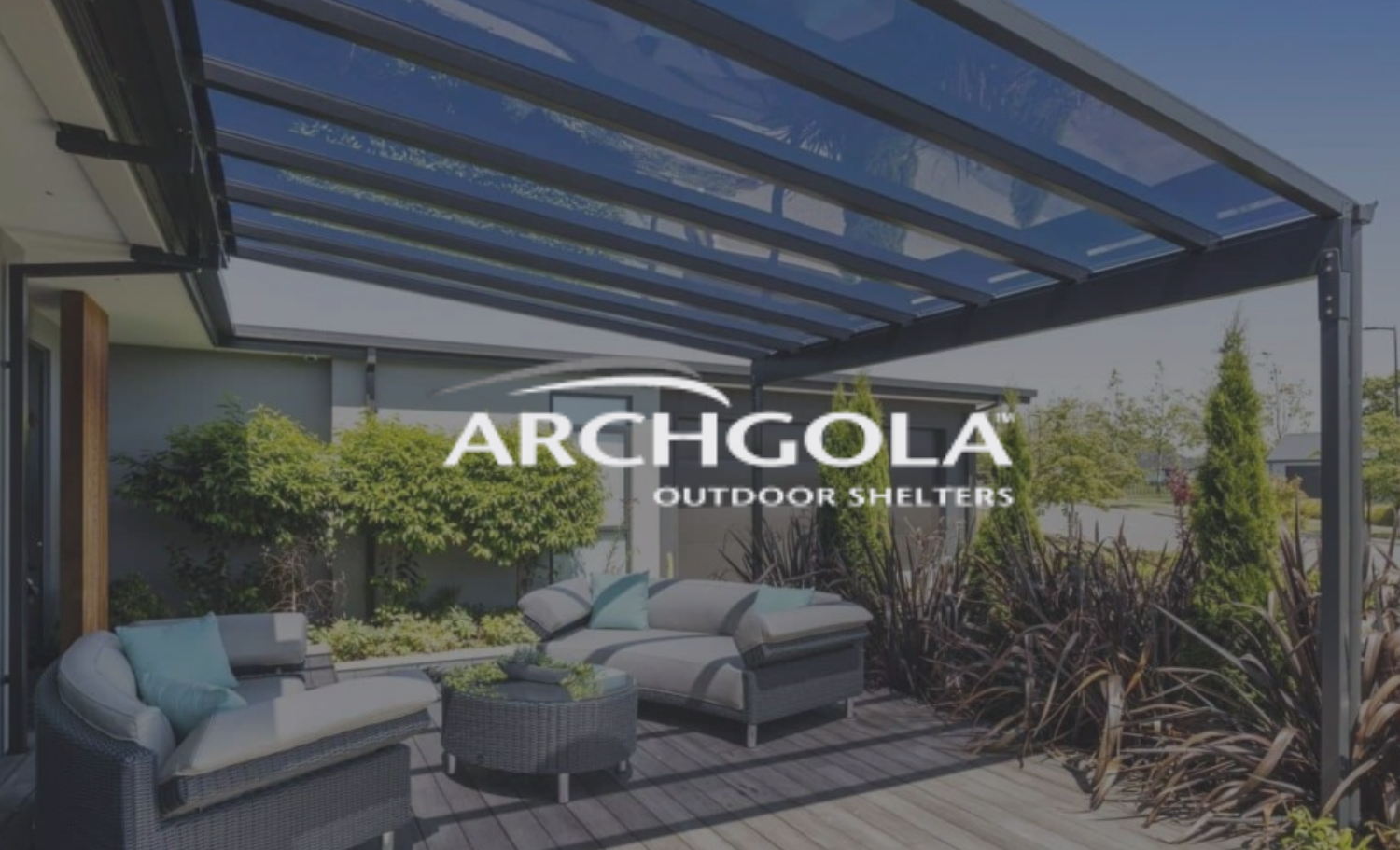An outdoor patio with a modern glass roof cover, outdoor seating including a sofa and chairs with cushions, and greenery in the background. The image features the brand name "ARCHGOLA" and the description "OUTDOOR SHELTERS".