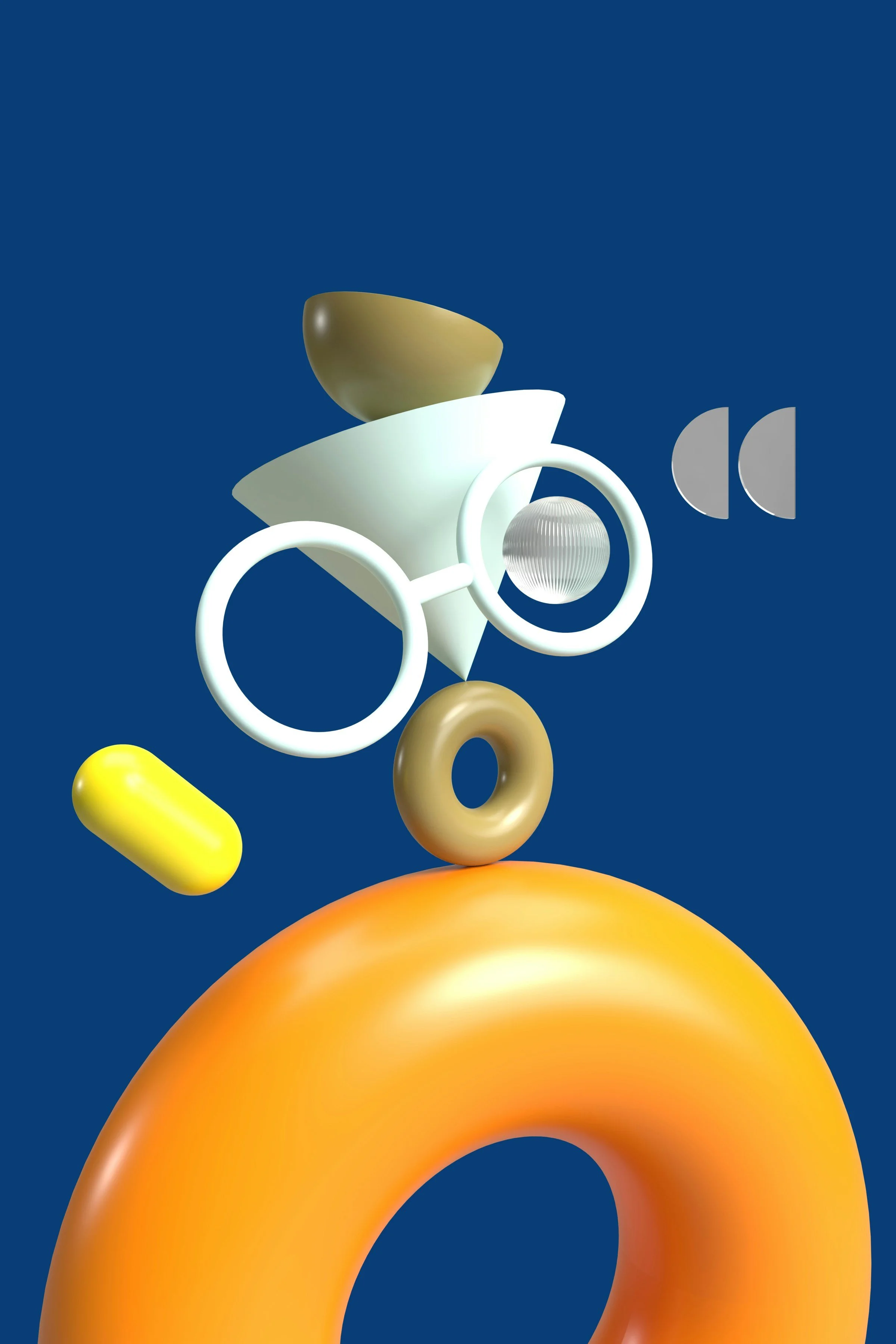 Abstract digital art with colorful 3D objects floating against a dark blue background, including rings, a donut shape, an egg, and geometric shapes.