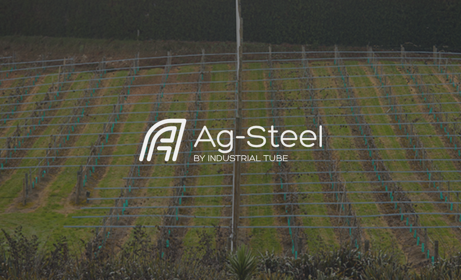An aerial view of a vineyard supported by Ag-Steel industrial tubing, with rows of grapevines and a company logo overlay.