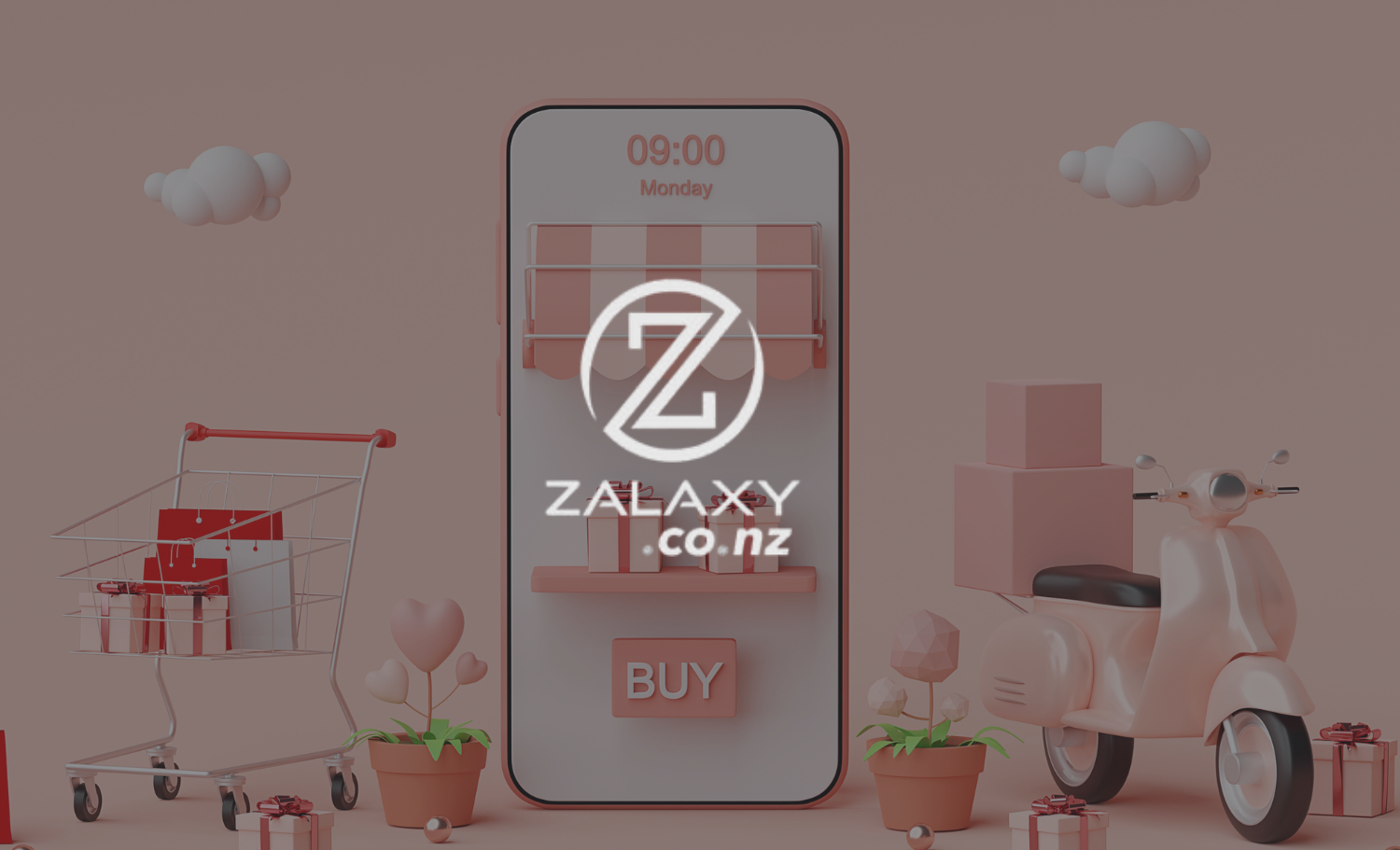 A pink and white smartphone screen displays a shopping app interface with a "BUY" button. Surrounding the phone are a shopping cart filled with gift boxes, two potted plants with decorative hearts, a pastel pink scooter, and small wrapped gifts. The background features floating clouds and a soft pastel pink color.