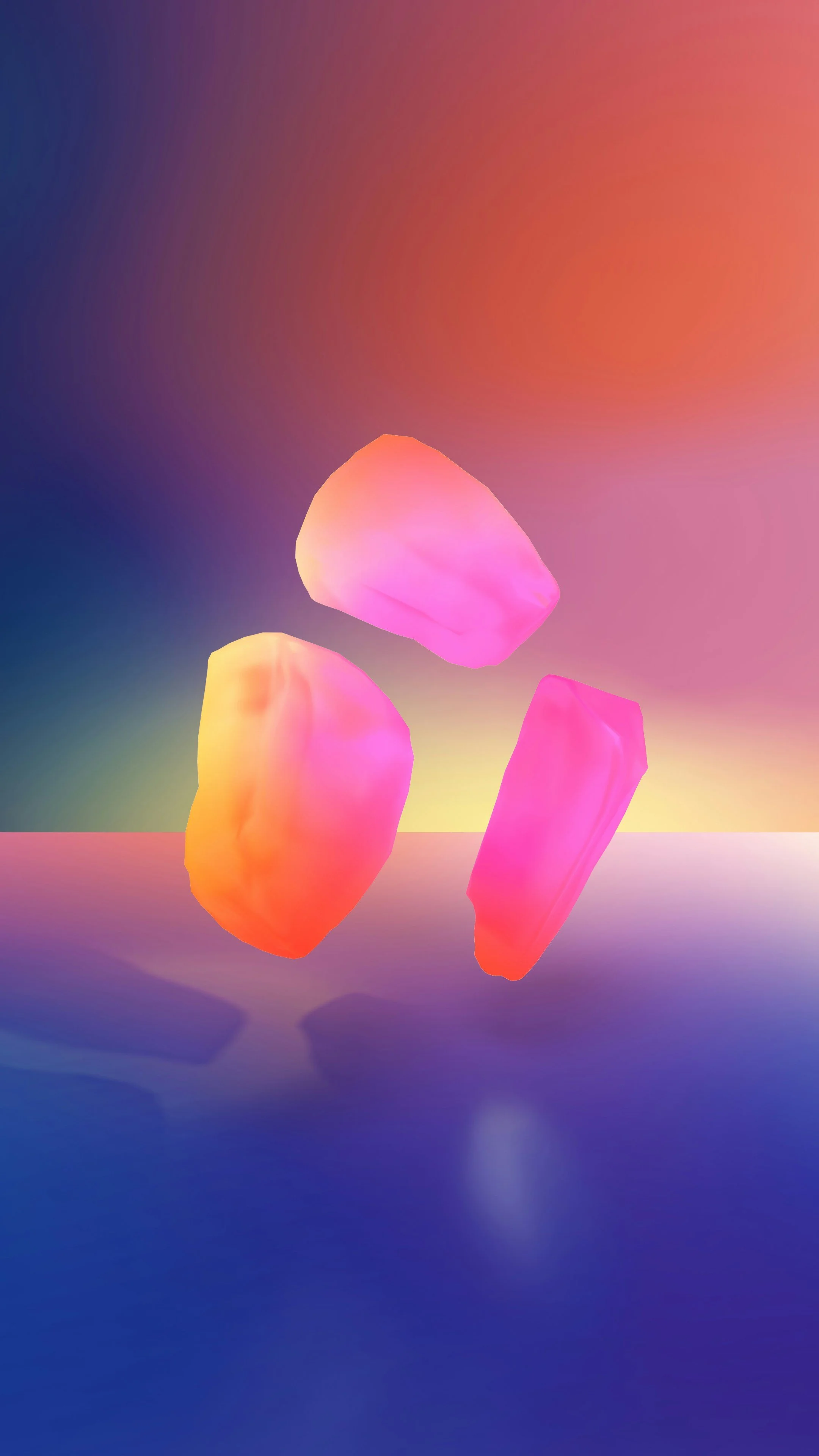 Colorful glowing ice cubes levitating against a gradient background with shades of purple, pink, yellow, and orange.