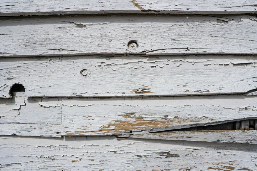 Damaged wood siding with peeling paint requiring siding repair or replacement
