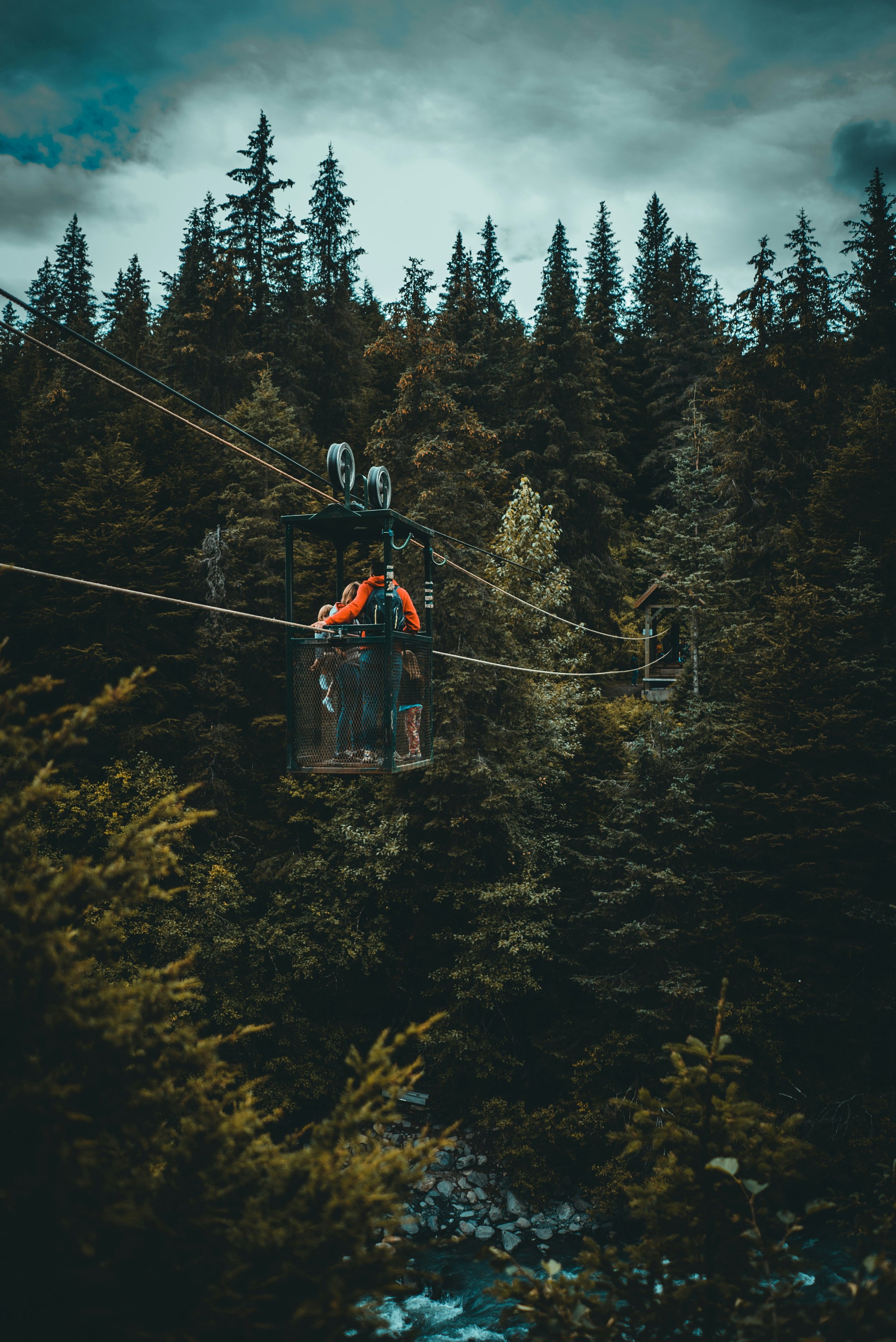 People riding a cable car through a dense forest of tall green pine trees under a cloudy sky.