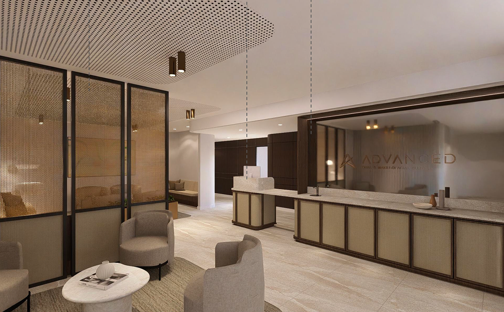 Modern hotel lobby with seating area, beige chairs, and a reception desk.