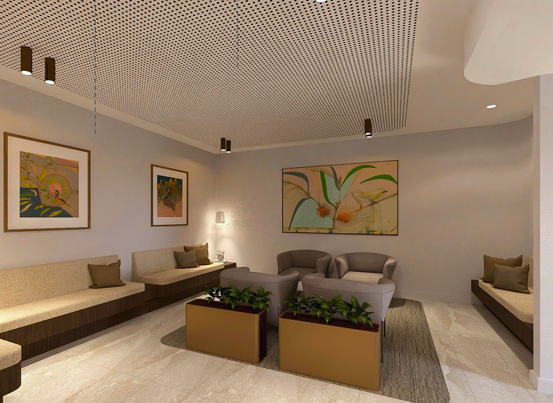 Modern lounge area with beige and gray seating, framed abstract artwork on white walls, potted plants, and ambient lighting.