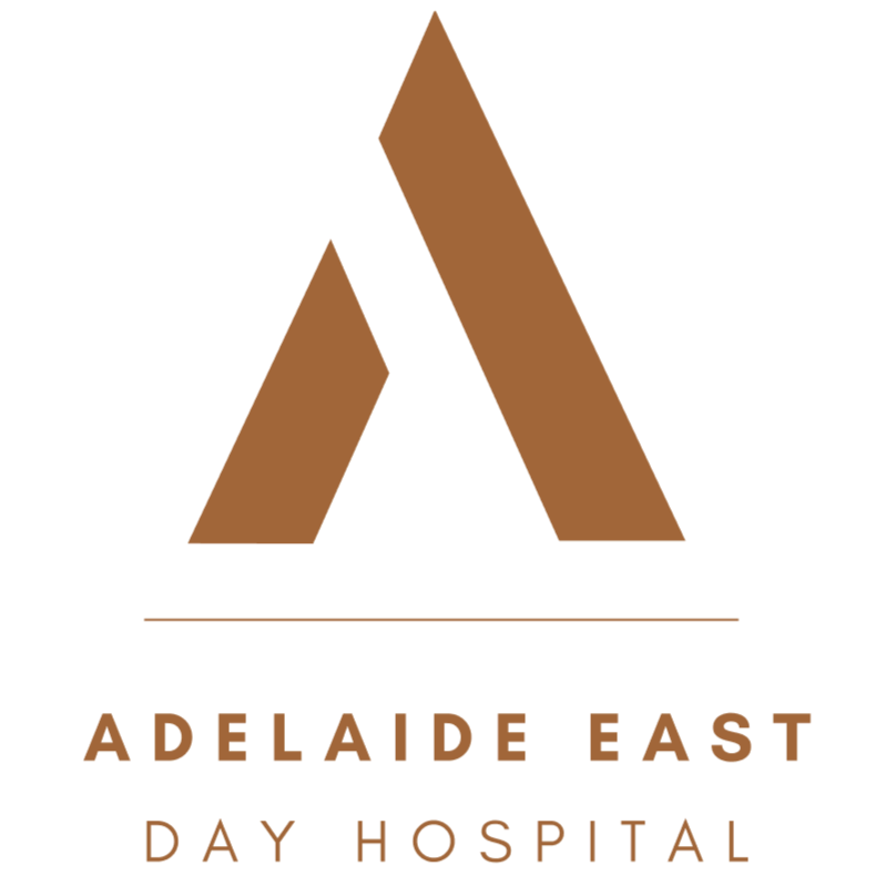 Logo for Adelaide East Day Hospital featuring two stylized brown triangles forming an 'A' with the hospital name below.