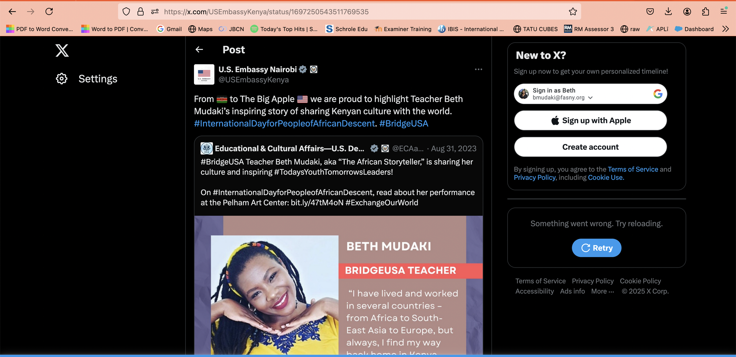 A social media post highlighting Beth Mudaki, a teacher from Kenya, sharing her story of experiencing and promoting Kenyan culture at the U.S. Embassy Nairobi, with a photograph of Beth Mudaki smiling, wearing a colorful headband and traditional attire.