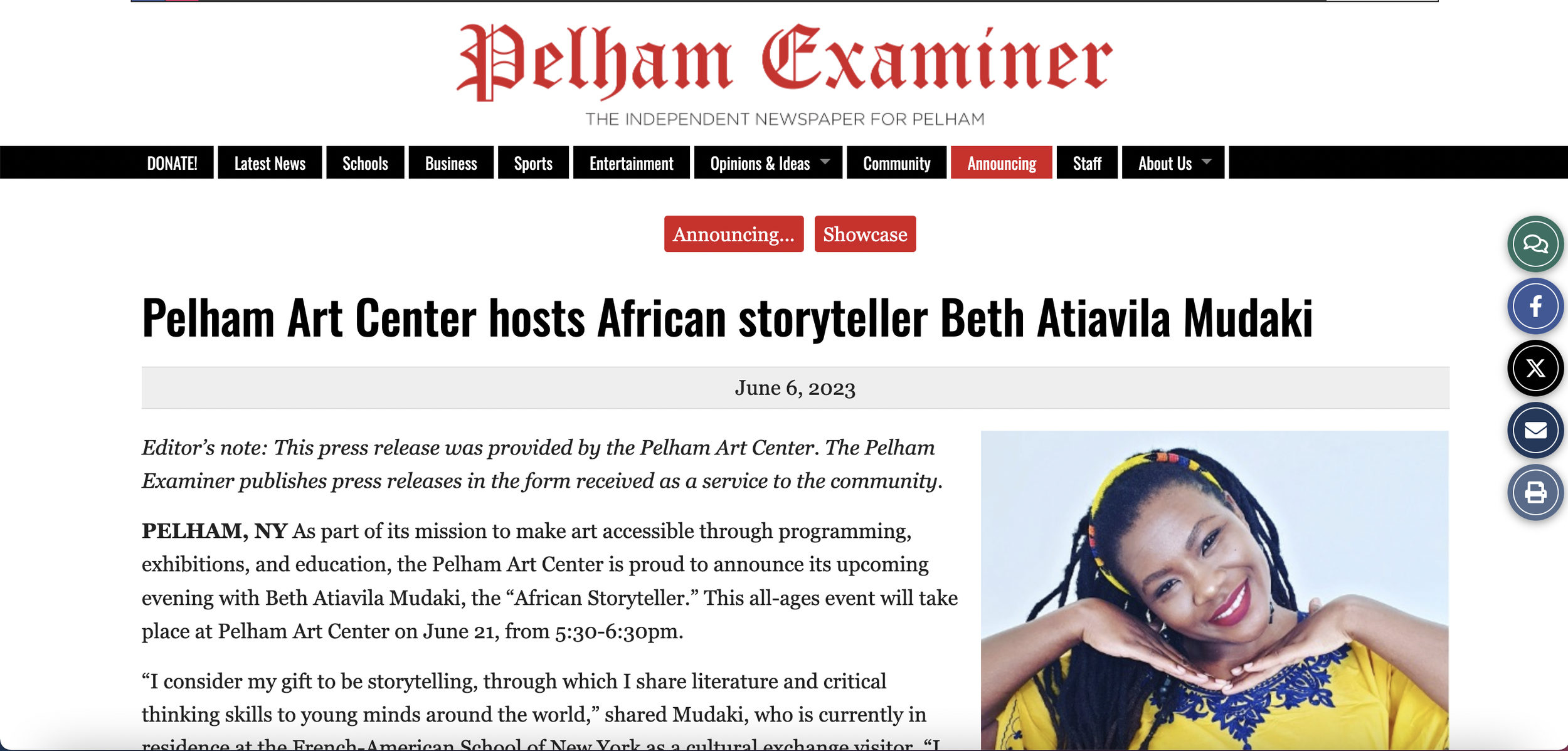 Screenshot of a news article webpage from Pelham Examiner announcing an event at Pelham Art Center featuring African storyteller Beth Atiavila Mudaki, with the article date June 6, 2023, showing a photo of a smiling young woman with dark braided hair, wearing a yellow and blue outfit.