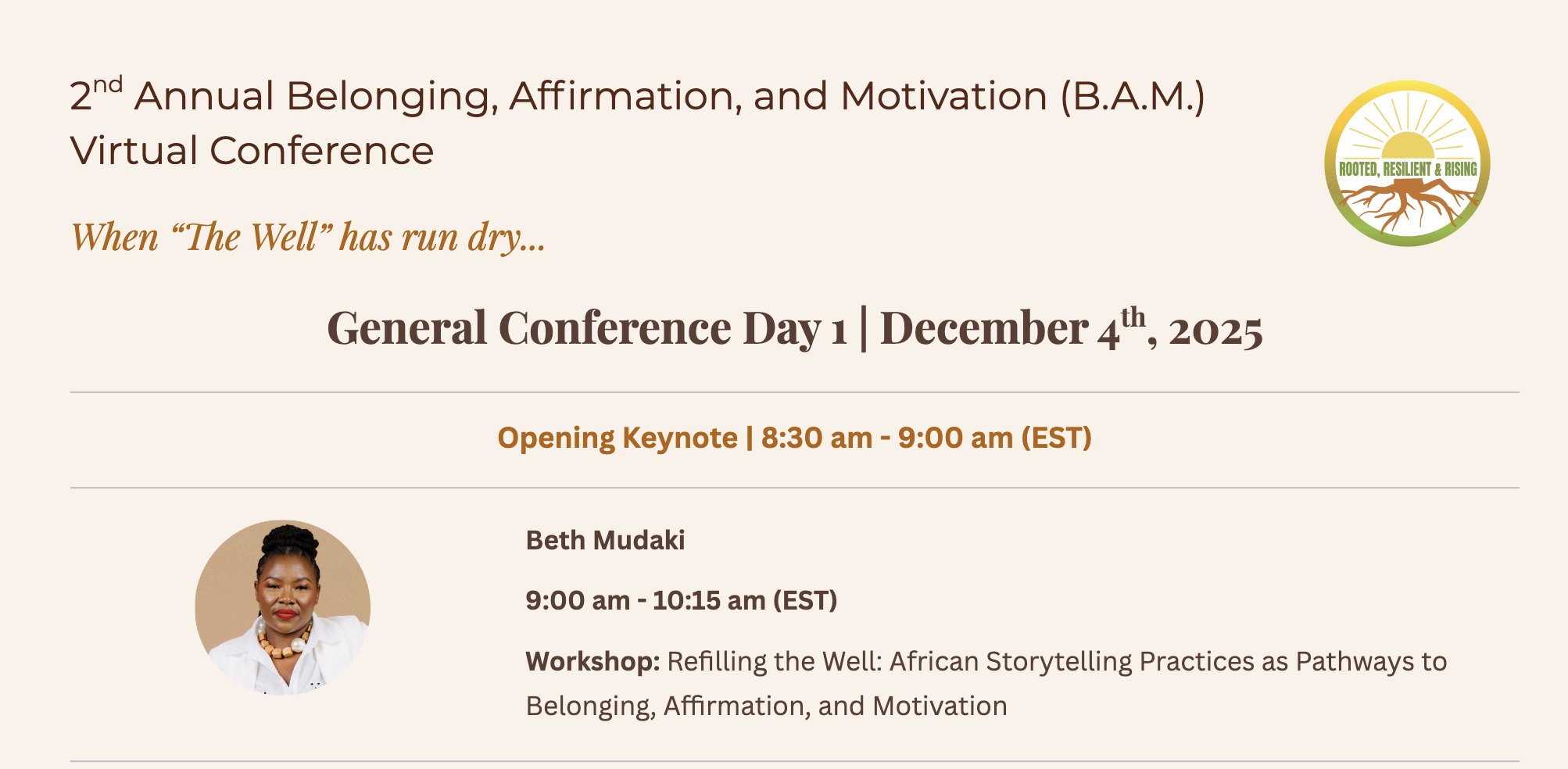 Conference schedule poster with event details, including date, time, and speaker photo for Beth Mudaki at the 2nd Annual Belonging, Affirmation, and Motivation Virtual Conference, December 4, 2025.