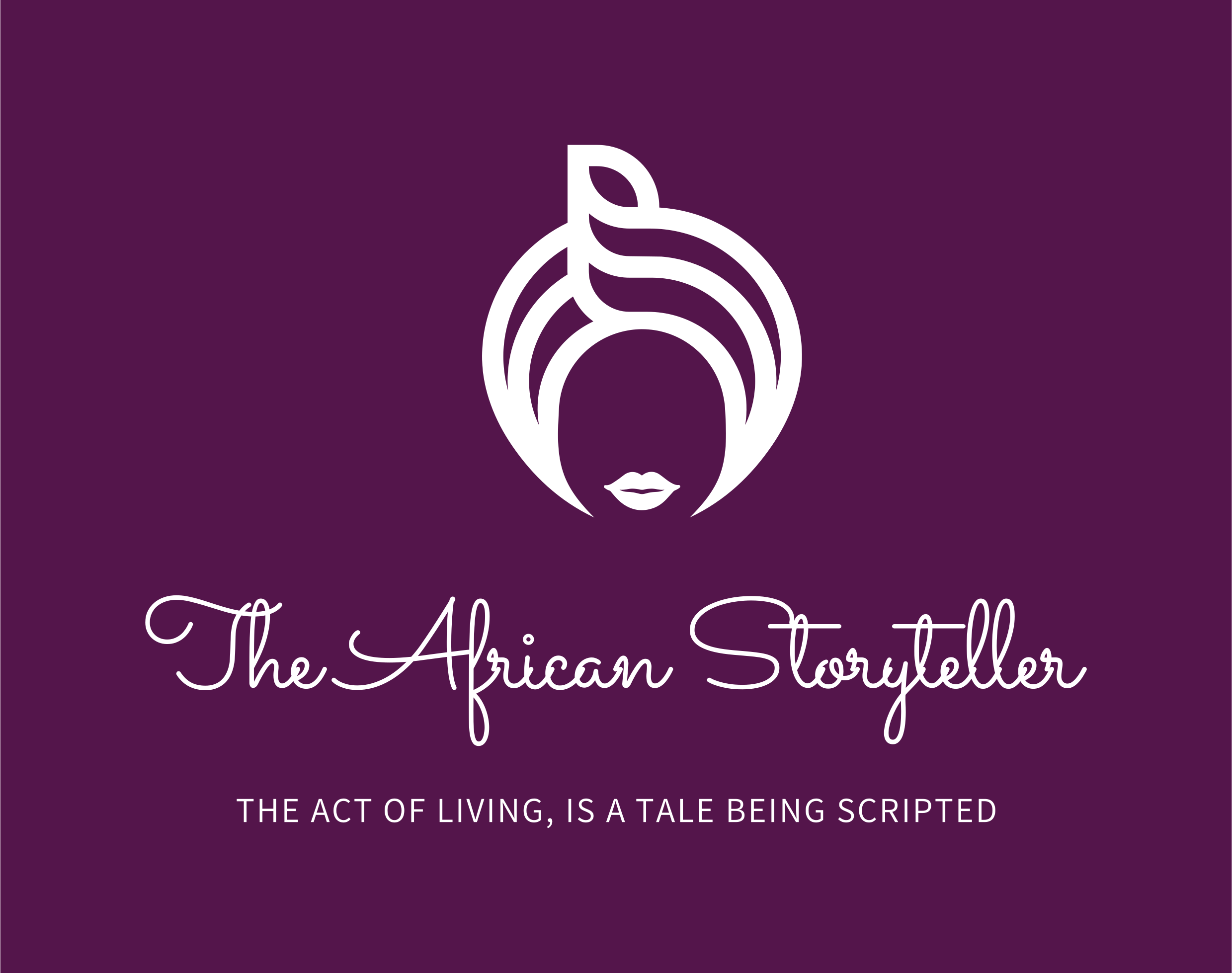 Logo for The African Storyteller with a stylized face of a woman with hair resembling leaves, on a purple background, and the text 'The African Storyteller' with a tagline 'The act of living, is a tale being scripted'.