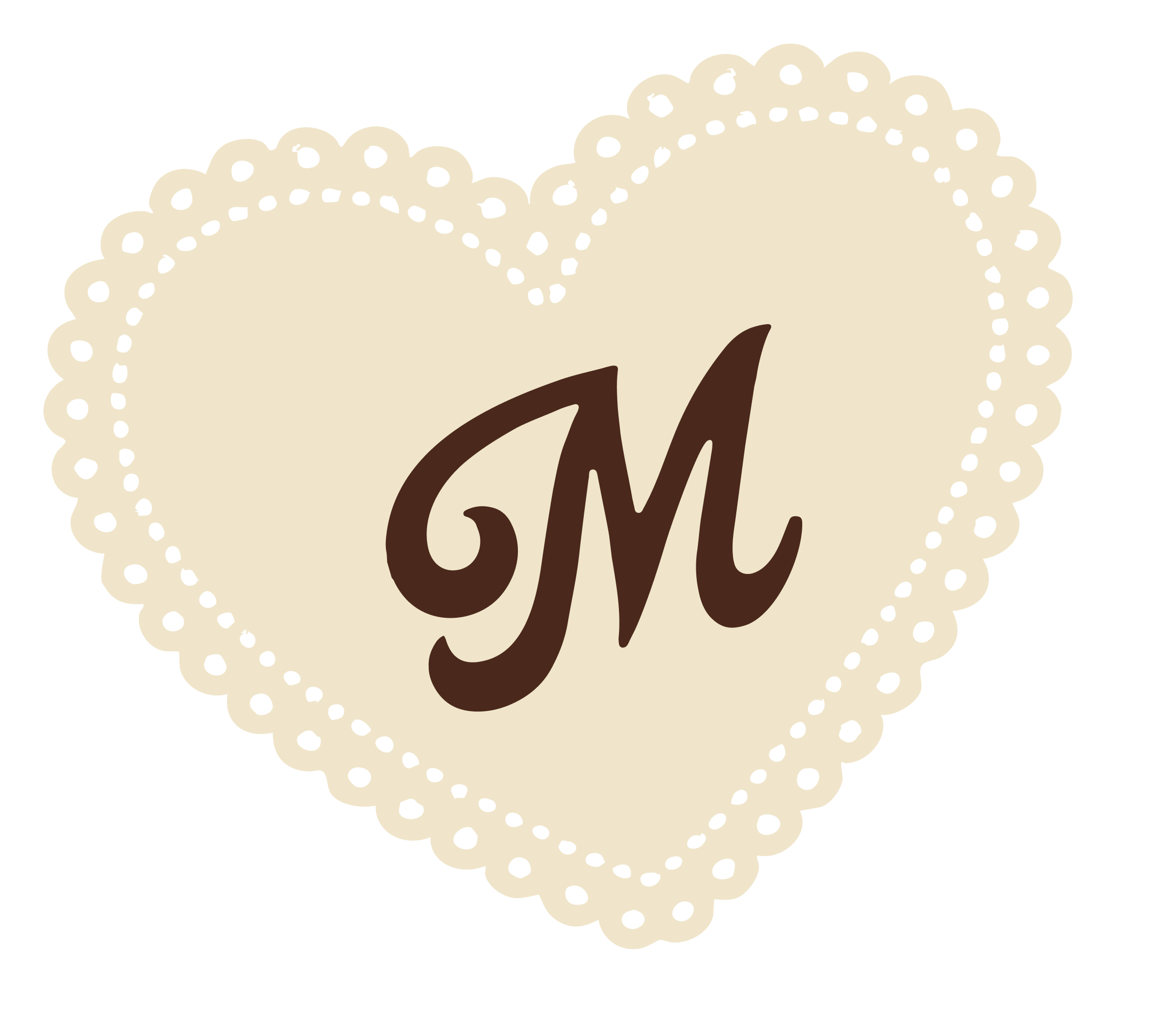 A decorative heart-shaped block with a lace-like border, featuring a brown script letter 'M' in the center on a beige background.