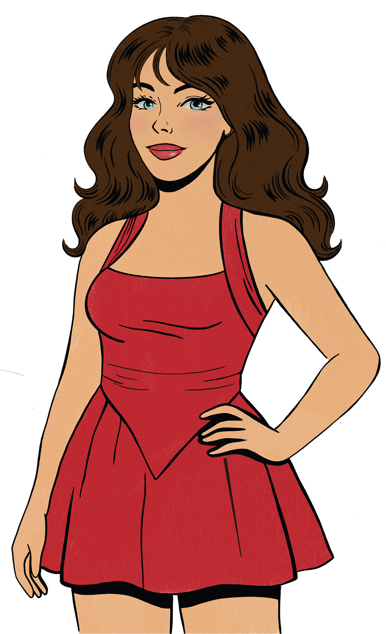 Illustration of a woman with long brown hair, wearing a red sleeveless dress, standing with one hand on her hip, smiling.