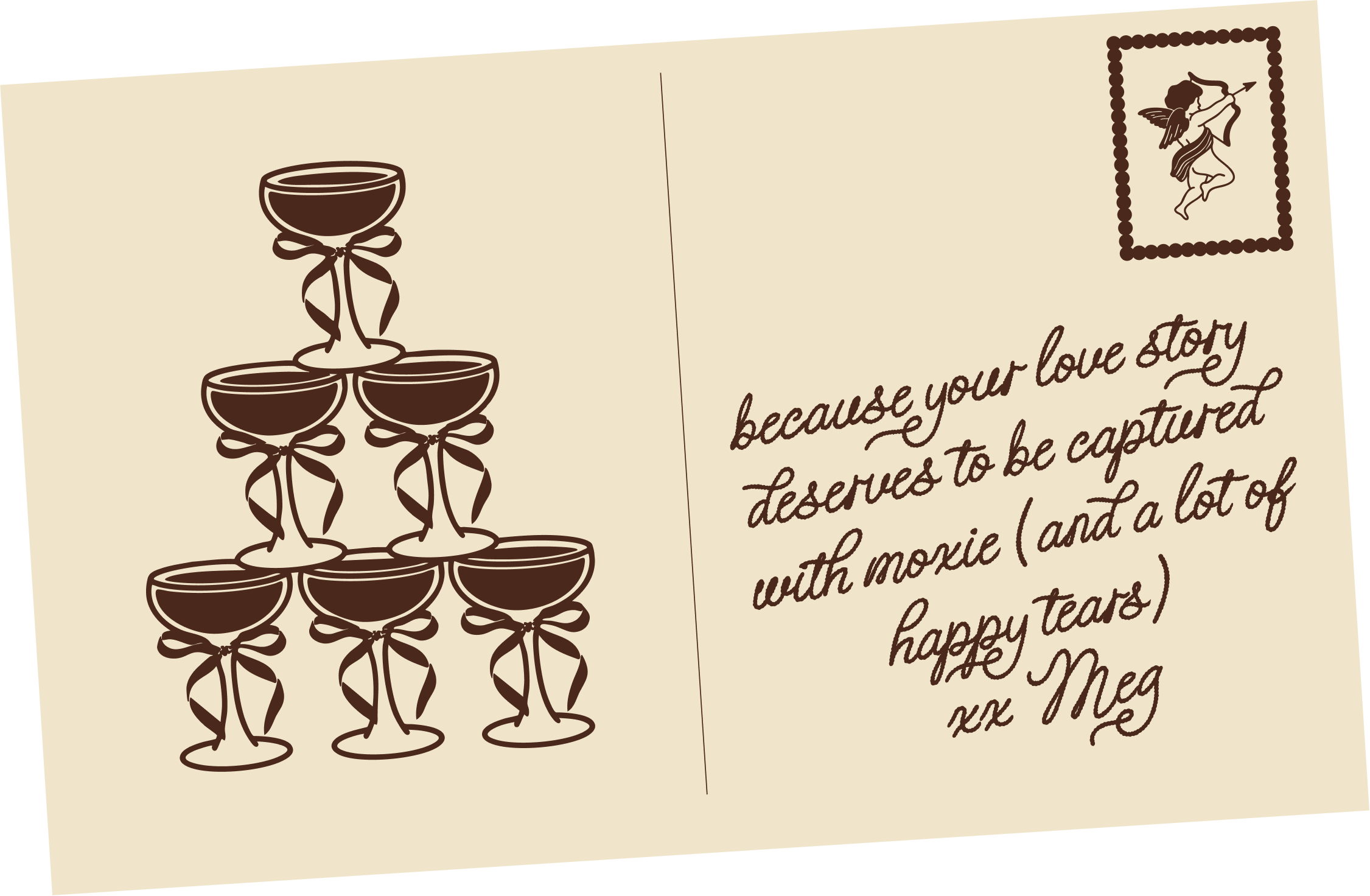 A handwritten love note with a drawing of a pyramid of six champagne glasses tied with ribbons and a postage stamp featuring a cupid figure, expressing love and gratitude.