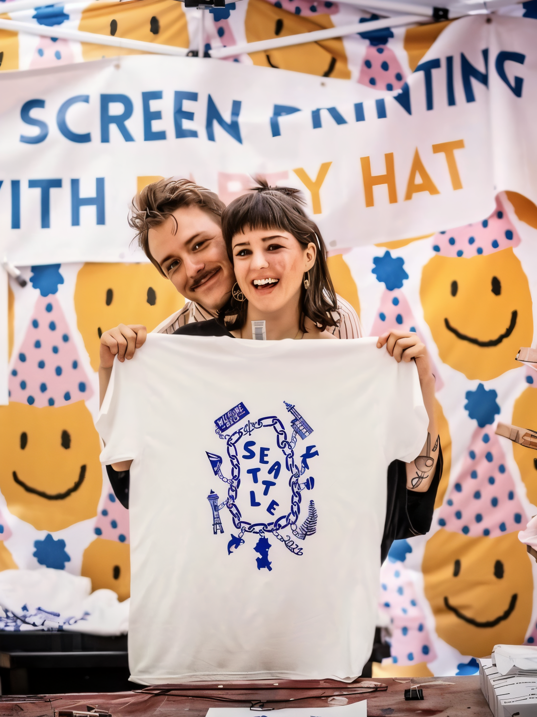Two people holding a white T-shirt with blue text and design showing landmarks of Seattle, smiling in front of a colorful backdrop with smiley faces and a sign that reads 'SCREEN PRINTING WITH PARTY HAT.'