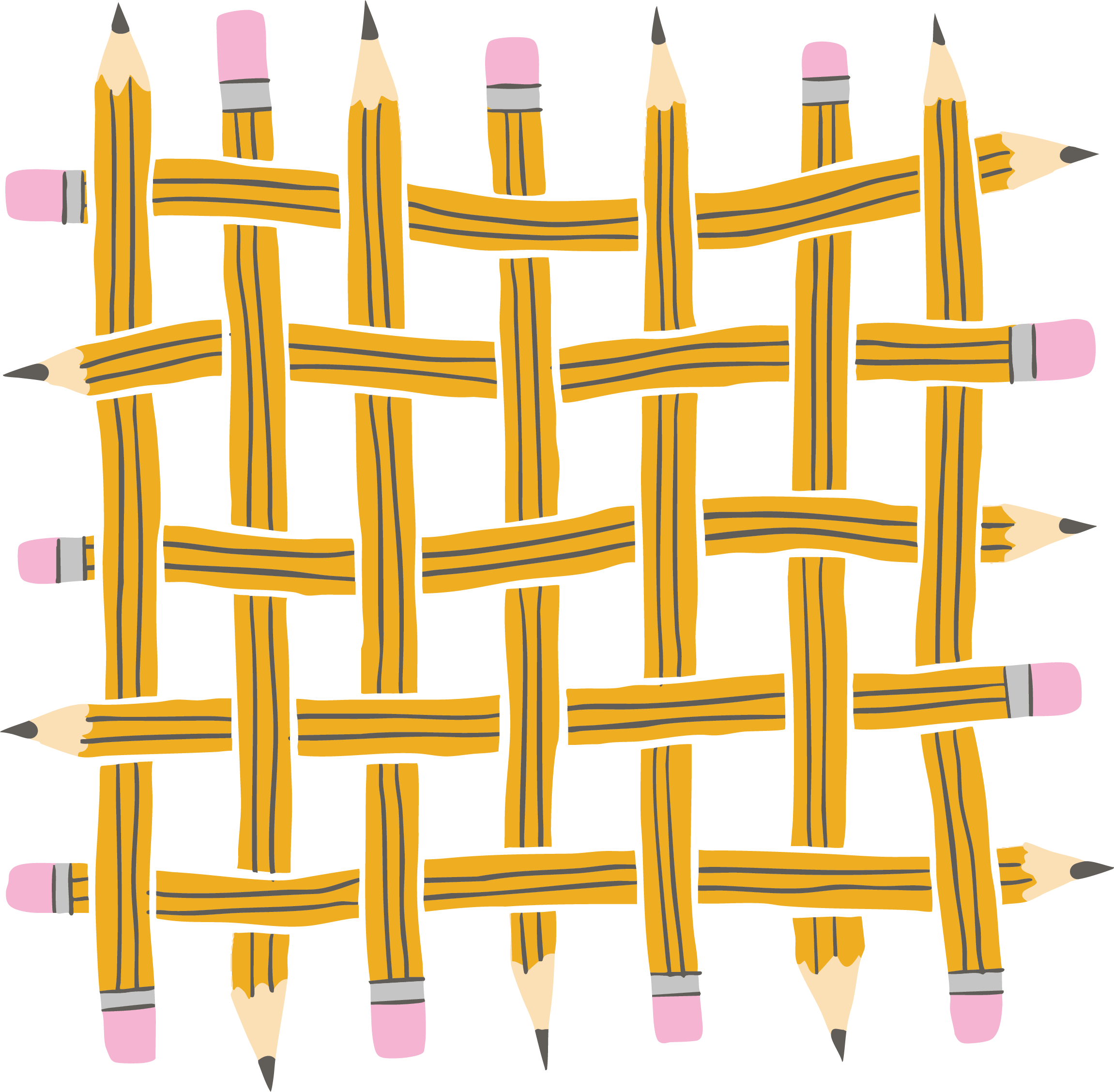 A decorative pattern of wooden pencils with pink erasers arranged in a woven lattice pattern on a black background.