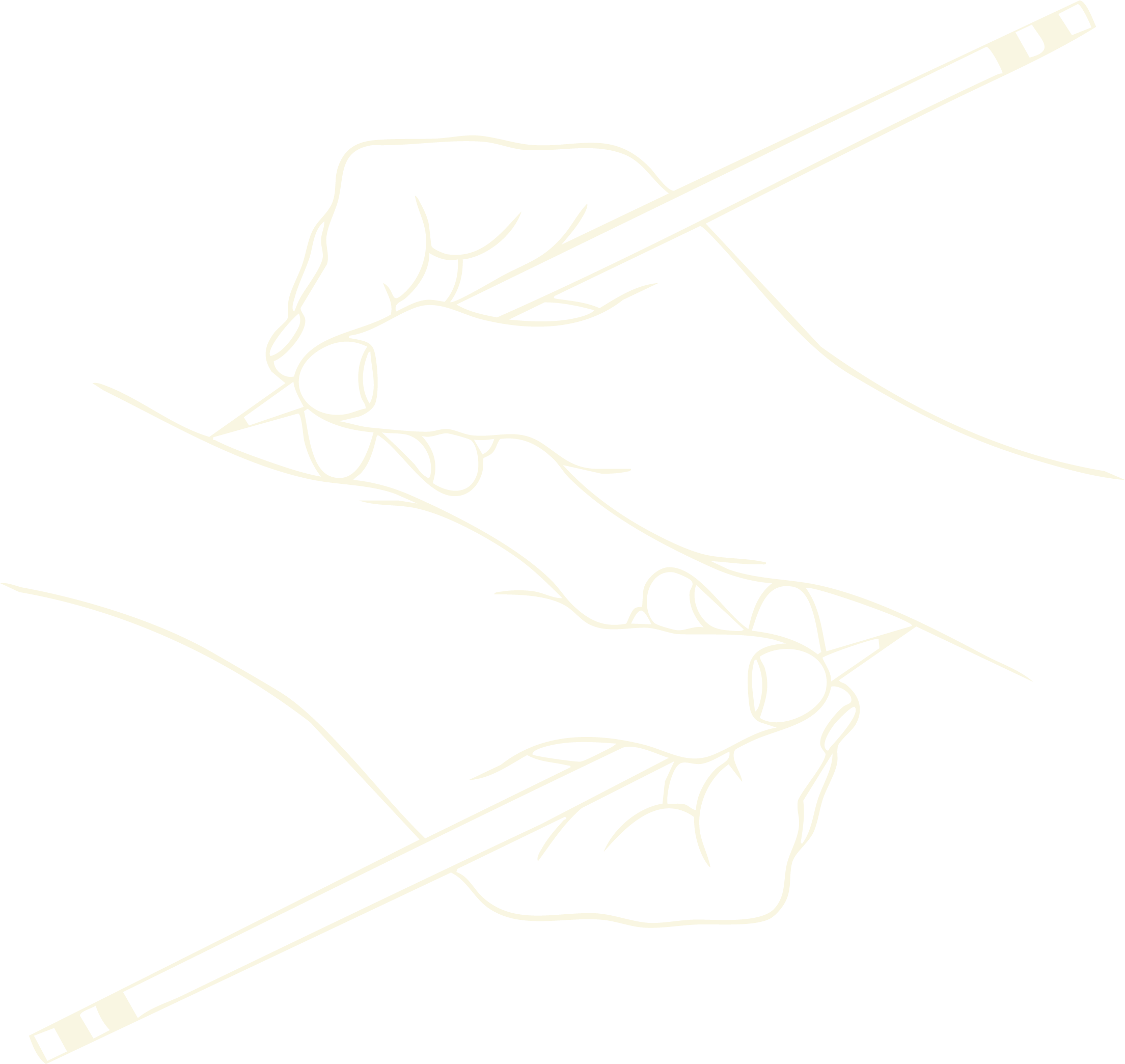Line drawing of two hands holding pencils drawing each other